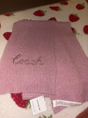Coach Pink Ribbed Knit Scarf with Embroidered Logo